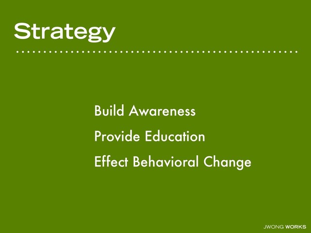 JWONG WORKS
Strategy
Build Awareness
Provide Education
Effect Behavioral Change
