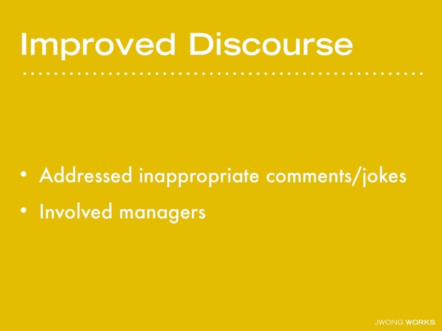 JWONG WORKS
Improved Discourse
• Addressed inappropriate comments/jokes
• Involved managers
