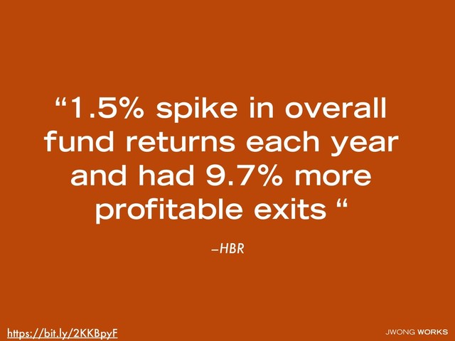 JWONG WORKS
–HBR
“1.5% spike in overall
fund returns each year
and had 9.7% more
proﬁtable exits “
https://bit.ly/2KKBpyF
