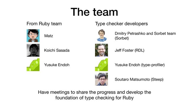 The team
From Ruby team Type checker developers
Matz
Koichi Sasada
Yusuke Endoh
Dmitry Petrashko and Sorbet team

(Sorbet)
Jeﬀ Foster (RDL)
Yusuke Endoh (type-proﬁler)
Soutaro Matsumoto (Steep)
Have meetings to share the progress and develop the
foundation of type checking for Ruby
