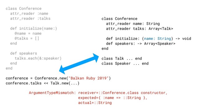 class Conference
attr_reader :name
attr_reader :talks
def initialize(name:)
@name = name
@talks = []
end
def speakers
talks.each(&:speaker)
end
end
conference = Conference.new("Balkan Ruby 2019")
conference.talks << Talk.new(...)
class Conference
attr_reader name: String
attr_reader talks: Array
def initialize: (name: String) -> void
def speakers: -> Array
end
class Talk ... end
class Speaker ... end
ArgumentTypeMismatch: receiver=::Conference.class constructor,
expected={ :name => ::String },
actual=::String

