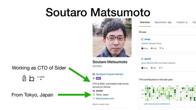 Soutaro Matsumoto
From Tokyo, Japan
Working as CTO of Sider
