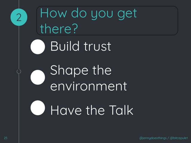 1
@jennydoesthings / @bitcapulet
How do you get
there?
2
25
Build trust
Shape the
environment
Have the Talk
