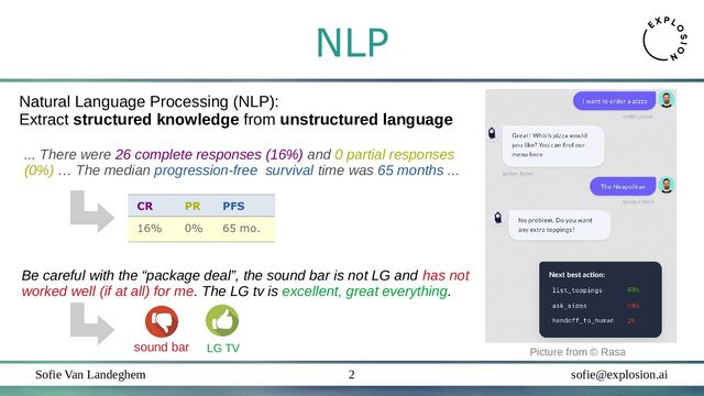Sofie Van Landeghem sofie@explosion.ai
2
NLP
Natural Language Processing (NLP):
Extract structured knowledge from unstructured language
CR PR PFS
16% 0% 65 mo.
Be careful with the “package deal”, the sound bar is not LG and has not
worked well (if at all) for me. The LG tv is excellent, great everything.
... There were 26 complete responses (16%) and 0 partial responses
(0%) … The median progression-free survival time was 65 months ...
sound bar LG TV Picture from © Rasa
