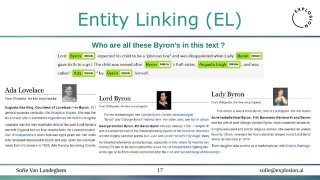 Sofie Van Landeghem sofie@explosion.ai
17
Entity Linking (EL)
Who are all these Byron’s in this text ?
