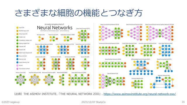 さまざまな細胞の機能とつなぎ⽅
🄫2023 segavvy 2023/12/07 StudyCo 31
（出典）THE ASIMOV INSTITUTE.「THE NEURAL NETWORK ZOO」. https://www.asimovinstitute.org/neural-network-zoo/
