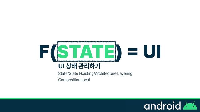 F STATE
=
UI
UI 상태 관리하기


State/State Hoisting/Architecture Layering


CompositionLocal
