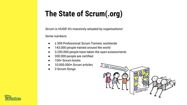 The State of Scrum(.org)
Scrum is HUGE! It’s massively adopted by organizations!
Some numbers:
● ± 300 Professional Scrum Trainers worldwide
● 143.000 people trained around the world
● 3.250.000 people have taken the open assessments
● 300.000 people are certiﬁed
● 100+ Scrum books
● 10.000.000+ Scrum articles
● 3 Scrum Songs
