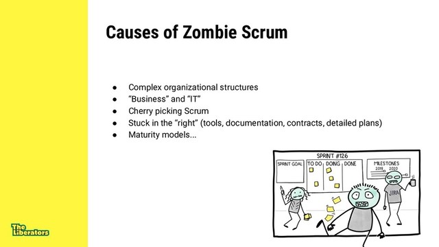 Causes of Zombie Scrum
● Complex organizational structures
● “Business” and “IT”
● Cherry picking Scrum
● Stuck in the “right” (tools, documentation, contracts, detailed plans)
● Maturity models...
