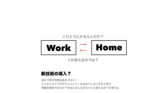 Work Home
͜ΕͲ͏ʹ͔ͳΒΜͷ͔ʁ
͜Ε࢖͑ΔͷͰ͸ʁ
৽ٕज़ͷಋೖʁ
ձࣾͰࢼ࣌ؒ͢͸͋·Γͳ͍ʜ
ͱʹ͔͙͘͢ϓϩμΫγϣϯͰʂ͸͋·Γ͠ͳ͍ํͩͱࢥ͏
໰୊ΛղܾͰ͖Δ͔ʁຊ౰ʹΈΜͳ͕ͪΌΜͱ࢖͑Δ͔ʁΛߟ͑Δ
