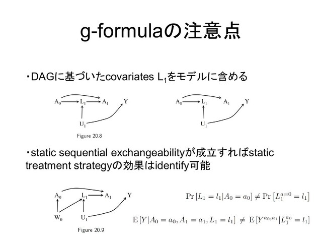 g-formulaの注意点
・DAGに基づいたcovariates L1
をモデルに含める
・static sequential exchangeabilityが成立すればstatic
treatment strategyの効果はidentify可能

