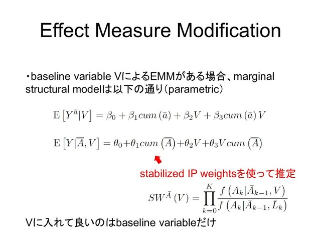 Effect Measure Modification
・baseline variable VによるEMMがある場合、marginal
structural modelは以下の通り（parametric）
stabilized IP weightsを使って推定
Vに入れて良いのはbaseline variableだけ
