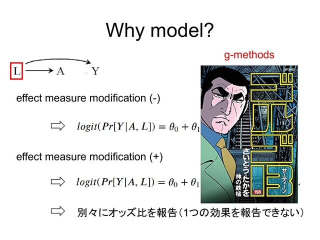 Why model?
effect measure modification (-)
effect measure modification (+)
別々にオッズ比を報告（1つの効果を報告できない）
g-methods
