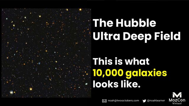 noah@twooctobers @noahlearner
noah@twooctobers.com @noahlearner
The Hubble
Ultra Deep Field
This is what
10,000 galaxies
looks like.
