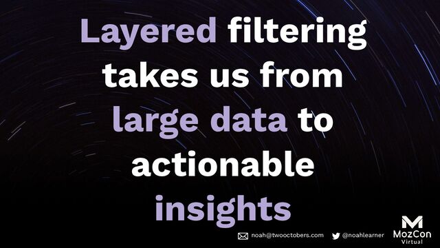 noah@twooctobers @noahlearner
noah@twooctobers.com @noahlearner
Layered ﬁltering
takes us from
large data to
actionable
insights
