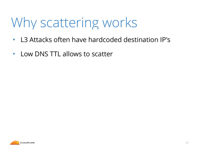 Why scattering works
• L3 Attacks often have hardcoded destination IP's
• Low DNS TTL allows to scatter
13
