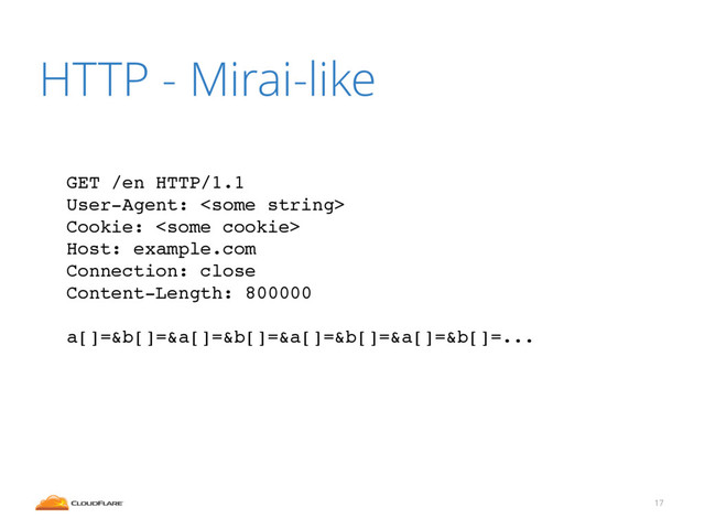 HTTP - Mirai-like
17
GET /en HTTP/1.1 !
User-Agent:  !
Cookie:  !
Host: example.com !
Connection: close !
Content-Length: 800000!
!
a[]=&b[]=&a[]=&b[]=&a[]=&b[]=&a[]=&b[]=...!
