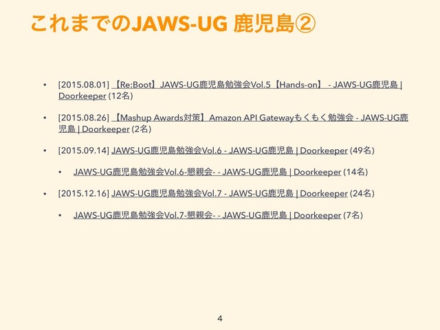 ͜Ε·ͰͷJAWS-UG ࣛࣇౡᶄ

• [2015.08.01] ʲRe:BootʳJAWS-UGࣛࣇౡษڧձVol.5ʲHands-onʳ - JAWS-UGࣛࣇౡ |
Doorkeeper (12໊)
• [2015.08.26] ʲMashup AwardsରࡦʳAmazon API Gateway΋͘΋͘ษڧձ - JAWS-UGࣛ
ࣇౡ | Doorkeeper (2໊)
• [2015.09.14] JAWS-UGࣛࣇౡษڧձVol.6 - JAWS-UGࣛࣇౡ | Doorkeeper (49໊)
• JAWS-UGࣛࣇౡษڧձVol.6-࠙਌ձ- - JAWS-UGࣛࣇౡ | Doorkeeper (14໊)
• [2015.12.16] JAWS-UGࣛࣇౡษڧձVol.7 - JAWS-UGࣛࣇౡ | Doorkeeper (24໊)
• JAWS-UGࣛࣇౡษڧձVol.7-࠙਌ձ- - JAWS-UGࣛࣇౡ | Doorkeeper (7໊)
