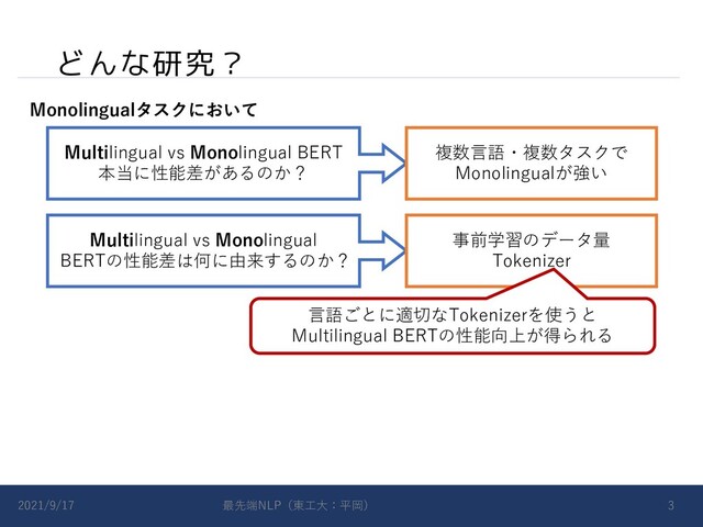 どんな研究？
2021/9/17 最先端NLP（東⼯⼤：平岡） 3
Multilingual vs Monolingual BERT
本当に性能差があるのか？
Multilingual vs Monolingual
BERTの性能差は何に由来するのか？
複数⾔語・複数タスクで
Monolingualが強い
事前学習のデータ量
Tokenizer
⾔語ごとに適切なTokenizerを使うと
Multilingual BERTの性能向上が得られる
Monolingualタスクにおいて
