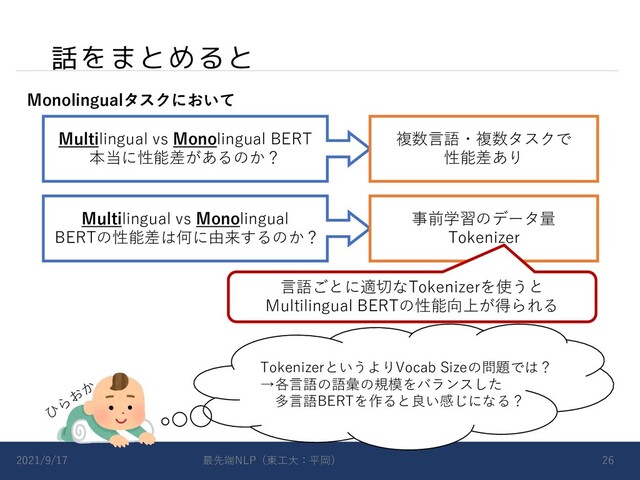 話をまとめると
2021/9/17 最先端NLP（東⼯⼤：平岡） 26
Multilingual vs Monolingual BERT
本当に性能差があるのか？
Multilingual vs Monolingual
BERTの性能差は何に由来するのか？
複数⾔語・複数タスクで
性能差あり
事前学習のデータ量
Tokenizer
ひ
ら
お
か
TokenizerというよりVocab Sizeの問題では？
→各⾔語の語彙の規模をバランスした
多⾔語BERTを作ると良い感じになる？
⾔語ごとに適切なTokenizerを使うと
Multilingual BERTの性能向上が得られる
Monolingualタスクにおいて
