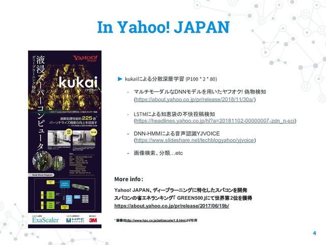In Yahoo! JAPAN
　▶ kukaiによる分散深層学習 (P100 * 2 * 80)
- マルチモーダルなDNNモデルを用いたヤフオク! 偽物検知
(https://about.yahoo.co.jp/pr/release/2018/11/30a/)
- LSTMによる知恵袋の不快投稿検知
(https://headlines.yahoo.co.jp/hl?a=20181102-00000007-zdn_n-sci)
- DNN-HMMによる音声認識YJVOICE
(https://www.slideshare.net/techblogyahoo/yjvoice)
- 画像検索、分類…etc
More info：
Yahoo! JAPAN、ディープラーニングに特化したスパコンを開発
スパコンの省エネランキング「 GREEN500」にて世界第2位を獲得
https://about.yahoo.co.jp/pr/release/2017/06/19b/
* 画像はhttp://www.hpc.co.jp/zettascaler1.6.htmlより引用
4
