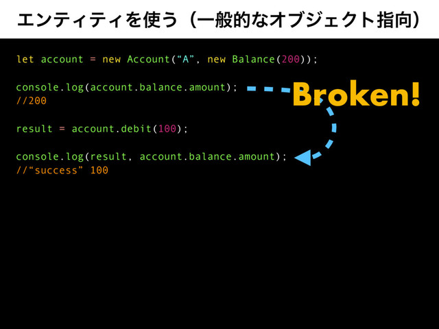ΤϯςΟςΟΛ࢖͏ʢҰൠతͳΦϒδΣΫτࢦ޲ʣ
let account = new Account(“A”, new Balance(200));
console.log(account.balance.amount);
//200
result = account.debit(100);
console.log(result, account.balance.amount);
//“success” 100
Broken!
