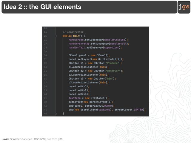 jgs
Javier Gonzalez-Sanchez | CSC 509 | Fall 2023 | 30
Idea 2 :: the GUI elements
