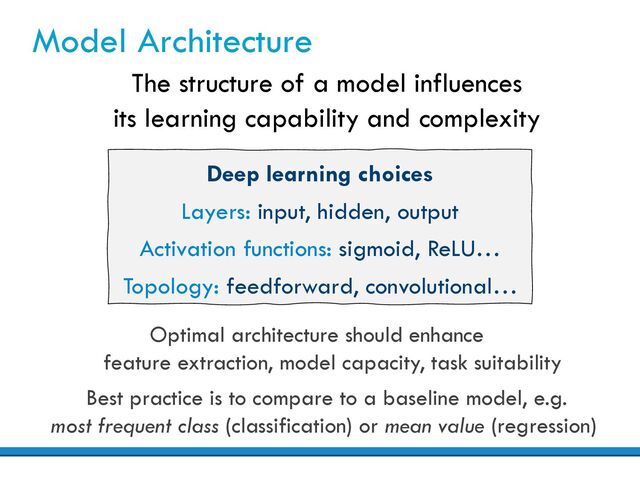Deep learning choices
Layers: input, hidden, output
Activation functions: sigmoid, ReLU…
Topology: feedforward, convolutional…
Model Architecture
The structure of a model influences
its learning capability and complexity
Optimal architecture should enhance
feature extraction, model capacity, task suitability
Best practice is to compare to a baseline model, e.g.
most frequent class (classification) or mean value (regression)
