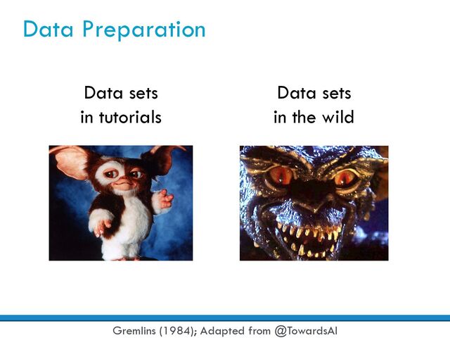 Data Preparation
Data sets
in the wild
Data sets
in tutorials
Gremlins (1984); Adapted from @TowardsAI
