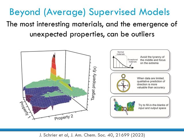 Beyond (Average) Supervised Models
J. Schrier et al, J. Am. Chem. Soc. 40, 21699 (2023)
The most interesting materials, and the emergence of
unexpected properties, can be outliers
