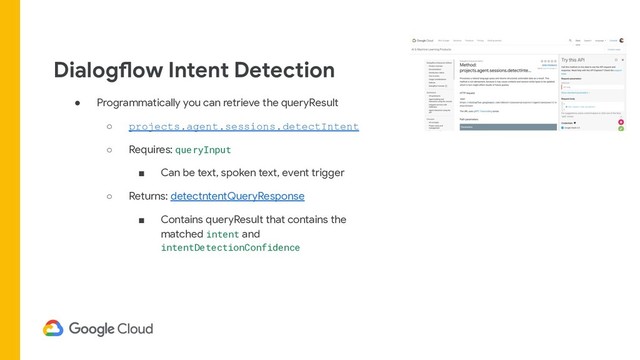 Dialogflow Intent Detection
● Programmatically you can retrieve the queryResult
○ projects.agent.sessions.detectIntent
○ Requires: queryInput
■ Can be text, spoken text, event trigger
○ Returns: detectntentQueryResponse
■ Contains queryResult that contains the
matched intent and
intentDetectionConfidence
