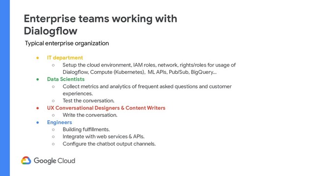 Enterprise teams working with
Dialogflow
● IT department
○ Setup the cloud environment, IAM roles, network, rights/roles for usage of
Dialogflow, Compute (Kubernetes), ML APIs, Pub/Sub, BigQuery...
● Data Scientists
○ Collect metrics and analytics of frequent asked questions and customer
experiences.
○ Test the conversation.
● UX Conversational Designers & Content Writers
○ Write the conversation.
● Engineers
○ Building fulfillments.
○ Integrate with web services & APIs.
○ Configure the chatbot output channels.
Typical enterprise organization
