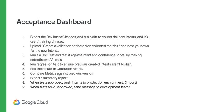 Acceptance Dashboard
1. Export the Dev Intent Changes, and run a diff to collect the new intents, and it’s
user / training phrases.
2. Upload / Create a validation set based on collected metrics / or create your own
for the new intents.
3. Run a a Unit Test and test it against intent and confidence score, by making
detectIntent API calls.
4. Run regression test to ensure previous created intents aren’t broken.
5. Plot the results in Confusion Matrix.
6. Compare Metrics against previous version
7. Export a summary report
8. When tests approved, push intents to production environment. (import)
9. When tests are disapproved, send message to development team?
