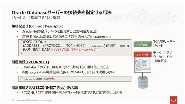 Oracle Databaseサーバーの接続先を指定する記法
「サービス」に接続するという概念
接続記述子(Connect Descriptor)
• Oracle Netの全パラメータを指定することが可能な記法
• これをあらかじめ定義して別名をつけておくファイルがtnsnames.ora
簡易接続(EZCONNECT)
• Layer 4以下のプロトコルをTCP/IPに決め打ちし簡略化した記法
• 本番システムの高可用性構成(RACやData Guard)では使用しない
簡易接続プラス(EZCONNECT Plus) 19c以降
• EZCONNECTに接続記述子のパラメータを指定できるように拡張した記法
(DESCRIPTION =
(ADDRESS = (PROTOCOL = TCP) (HOST = hostname) (PORT = port))
(CONNECT_DATA = (SERVICE_NAME = service) )
)
hostname:port/service
tnslsnr
service
TCP/IPサーバー・
ソケット
データベースの
ワークロードの
抽象概念
Copyright © 2021, Oracle and/or its affiliates
192
