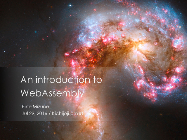 Pine Mizune
Jul 29, 2016 / Kichijoji.pm #8
An introduction to
WebAssembly
