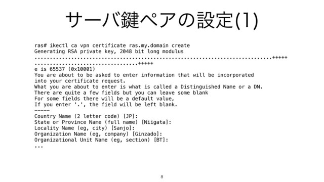 αʔό伴ϖΞͷઃఆ 

ras# ikectl ca vpn certificate ras.my.domain create
Generating RSA private key, 2048 bit long modulus
..............................................................................+++++
..................................+++++
e is 65537 (0x10001)
You are about to be asked to enter information that will be incorporated
into your certificate request.
What you are about to enter is what is called a Distinguished Name or a DN.
There are quite a few fields but you can leave some blank
For some fields there will be a default value,
If you enter '.', the field will be left blank.
-----
Country Name (2 letter code) [JP]:
State or Province Name (full name) [Niigata]:
Locality Name (eg, city) [Sanjo]:
Organization Name (eg, company) [Ginzado]:
Organizational Unit Name (eg, section) [BT]:
...
8
