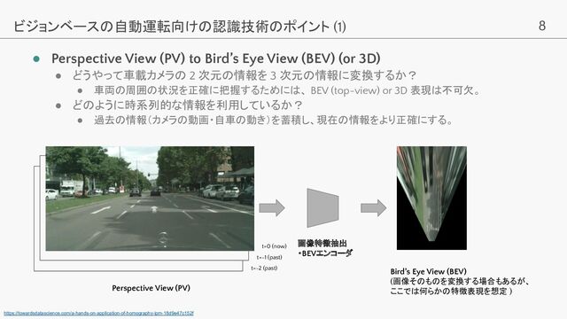 8
● Perspective View (PV) to Bird’s Eye View (BEV) (or 3D)
● どうやって車載カメラの 2 次元の情報を 3 次元の情報に変換するか？
● 車両の周囲の状況を正確に把握するためには、 BEV (top-view) or 3D 表現は不可欠。
● どのように時系列的な情報を利用しているか？
● 過去の情報（カメラの動画・自車の動き）を蓄積し、現在の情報をより正確にする。
ビジョンベースの自動運転向けの認識技術のポイント (1)
https://towardsdatascience.com/a-hands-on-application-of-homography-ipm-18d9e47c152f
t=-2 (past)
t=-1 (past)
t=0 (now)
Perspective View (PV)
Bird’s Eye View (BEV)
(画像そのものを変換する場合もあるが、
ここでは何らかの特徴表現を想定 )
画像特徴抽出
・BEVエンコーダ
