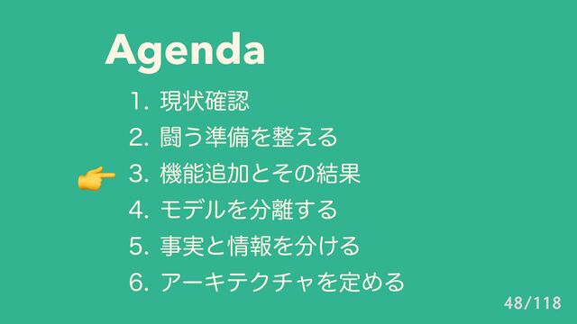 Agenda
 ݱঢ়֬ೝ
 ಆ͏४උΛ੔͑Δ
 ػೳ௥Ճͱͦͷ݁Ռ
 ϞσϧΛ෼཭͢Δ
 ࣄ࣮ͱ৘ใΛ෼͚Δ
 ΞʔΩςΫνϟΛఆΊΔ
👉
48/118
