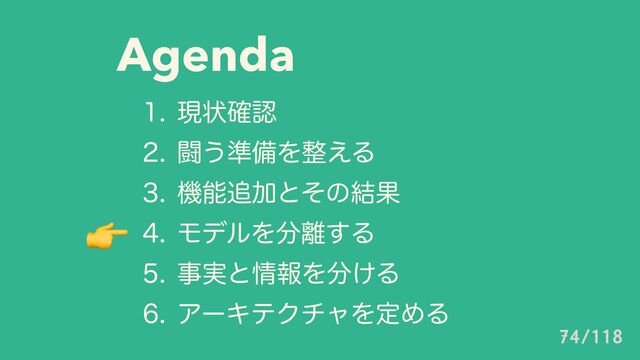 Agenda
 ݱঢ়֬ೝ
 ಆ͏४උΛ੔͑Δ
 ػೳ௥Ճͱͦͷ݁Ռ
 ϞσϧΛ෼཭͢Δ
 ࣄ࣮ͱ৘ใΛ෼͚Δ
 ΞʔΩςΫνϟΛఆΊΔ
👉
74/118
