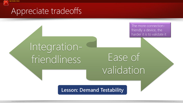 NETSPECTIVE
www.netspective.com 17
Appreciate tradeoffs
Integration-
friendliness Ease of
validation
The more connection-
friendly a device, the
harder it is to validate it
Lesson: Demand Testability
