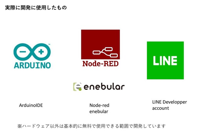 ※ハードウェア以外は基本的に無料で使用できる範囲で開発しています
ArduinoIDE
実際に開発に使用したもの
LINE Developper
account
Node-red
enebular
