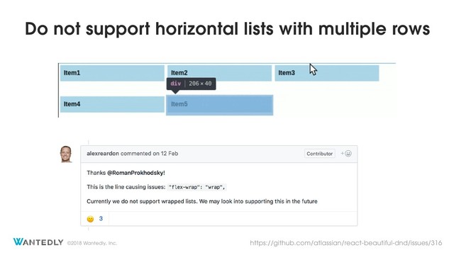 ©2018 Wantedly, Inc.
Do not support horizontal lists with multiple rows
https://github.com/atlassian/react-beautiful-dnd/issues/316
