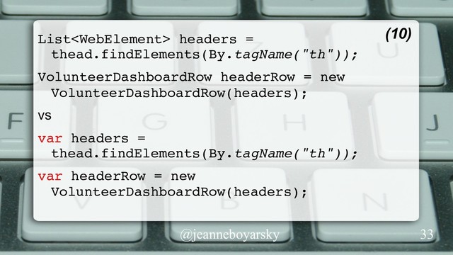 @jeanneboyarsky
List headers =
thead.findElements(By.tagName("th"));
VolunteerDashboardRow headerRow = new
VolunteerDashboardRow(headers);
vs
var headers =
thead.findElements(By.tagName("th"));
var headerRow = new
VolunteerDashboardRow(headers);
(10)
33
