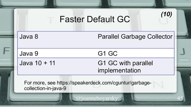 @jeanneboyarsky
Faster Default GC
Java 8 Parallel Garbage Collector
Java 9 G1 GC
Java 10 + 11 G1 GC with parallel
implementation
(10)
For more, see https://speakerdeck.com/cguntur/garbage-
collection-in-java-9
45
