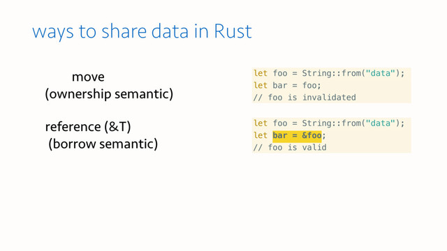 ways to share data in Rust
let foo = String::from("data");
let bar = foo;
// foo is invalidated
let foo = String::from("data");
let bar = &foo;
// foo is valid
move  
(ownership semantic)
reference (&T)  
(borrow semantic)
