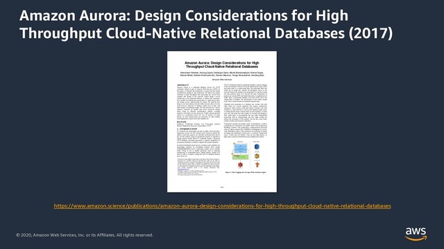 © 2020, Amazon Web Services, Inc. or its Affiliates. All rights reserved.
Amazon Aurora: Design Considerations for High
Throughput Cloud-Native Relational Databases (2017)
Amazon Aurora: Design Considerations for High
Throughput Cloud-Native Relational Databases
Alexandre Verbitski, Anurag Gupta, Debanjan Saha, Murali Brahmadesam, Kamal Gupta,
Raman Mittal, Sailesh Krishnamurthy, Sandor Maurice, Tengiz Kharatishvili, Xiaofeng Bao
Amazon Web Services
ABSTRACT
Amazon Aurora is a relational database service for OLTP
workloads offered as part of Amazon Web Services (AWS). In
this paper, we describe the architecture of Aurora and the design
considerations leading to that architecture. We believe the central
constraint in high throughput data processing has moved from
compute and storage to the network. Aurora brings a novel
architecture to the relational database to address this constraint,
most notably by pushing redo processing to a multi-tenant scale-
out storage service, purpose-built for Aurora. We describe how
doing so not only reduces network traffic, but also allows for fast
crash recovery, failovers to replicas without loss of data, and
fault-tolerant, self-healing storage. We then describe how Aurora
achieves consensus on durable state across numerous storage
nodes using an efficient asynchronous scheme, avoiding
expensive and chatty recovery protocols. Finally, having operated
Aurora as a production service for over 18 months, we share
lessons we have learned from our customers on what modern
cloud applications expect from their database tier.
Keywords
Databases; Distributed Systems; Log Processing; Quorum
Models; Replication; Recovery; Performance; OLTP
1. INTRODUCTION
IT workloads are increasingly moving to public cloud providers.
Significant reasons for this industry-wide transition include the
ability to provision capacity on a flexible on-demand basis and to
pay for this capacity using an operational expense as opposed to
capital expense model. Many IT workloads require a relational
OLTP database; providing equivalent or superior capabilities to
on-premise databases is critical to support this secular transition.
In modern distributed cloud services, resilience and scalability are
increasingly achieved by decoupling compute from storage
[10][24][36][38][39] and by replicating storage across multiple
nodes. Doing so lets us handle operations such as replacing
misbehaving or unreachable hosts, adding replicas, failing over
from a writer to a replica, scaling the size of a database instance
up or down, etc.
The I/O bottleneck faced by traditional database systems changes
in this environment. Since I/Os can be spread across many nodes
and many disks in a multi-tenant fleet, the individual disks and
nodes are no longer hot. Instead, the bottleneck moves to the
network between the database tier requesting I/Os and the storage
tier that performs these I/Os. Beyond the basic bottlenecks of
packets per second (PPS) and bandwidth, there is amplification of
traffic since a performant database will issue writes out to the
storage fleet in parallel. The performance of the outlier storage
node, disk or network path can dominate response time.
Although most operations in a database can overlap with each
other, there are several situations that require synchronous
operations. These result in stalls and context switches. One such
situation is a disk read due to a miss in the database buffer cache.
A reading thread cannot continue until its read completes. A cache
miss may also incur the extra penalty of evicting and flushing a
dirty cache page to accommodate the new page. Background
processing such as checkpointing and dirty page writing can
reduce the occurrence of this penalty, but can also cause stalls,
context switches and resource contention.
Transaction commits are another source of interference; a stall in
committing one transaction can inhibit others from progressing.
Handling commits with multi-phase synchronization protocols
such as 2-phase commit (2PC) [3][4][5] is challenging in a cloud-
scale distributed system. These protocols are intolerant of failure
and high-scale distributed systems have a continual “background
noise” of hard and soft failures. They are also high latency, as
high scale systems are distributed across multiple data centers.
Permission to make digital or hard copies of all or part of this work for personal or
classroom use is granted without fee provided that copies are not made or
distributed for profit or commercial advantage and that copies bear this notice and
the full citation on the first page. Copyrights for components of this work owned
by others than the author(s) must be honored. Abstracting with credit is permitted.
To copy otherwise, or republish, to post on servers or to redistribute to lists, require
prior specific permission and/or a fee. Request permissions from
Permissions@acm.org
SIGMOD’17, May 14 – 19, 2017, Chicago, IL, USA.
Copyright is held by the owner/author(s). Publication rights licensed to ACM.
ACM 978-1-4503-4197-4/17/05…$15.00
DOI: http://dx.doi.org/10.1145/3035918.3056101
Control Plane
Data Plane
Amazon
DynamoDB
Amazon SWF
Logging + Storage
SQL
Transactions
Caching
Amazon S3
Figure 1: Move logging and storage off the database engine
1041
https://www.amazon.science/publications/amazon-aurora-design-considerations-for-high-throughput-cloud-native-relational-databases
