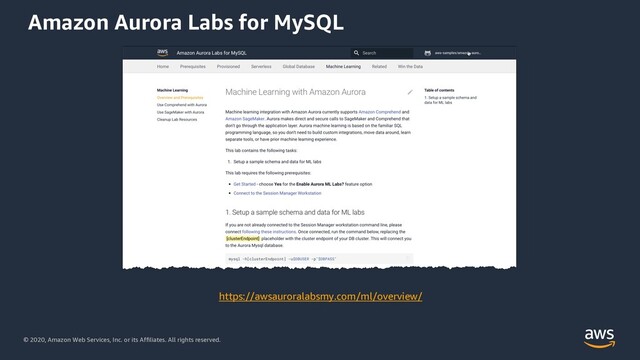 © 2020, Amazon Web Services, Inc. or its Affiliates. All rights reserved.
Amazon Aurora Labs for MySQL
https://awsauroralabsmy.com/ml/overview/
