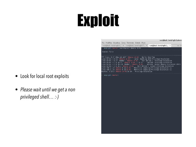 Exploit
• Look for local root exploits
• Please wait until we get a non
privileged shell… :-)

