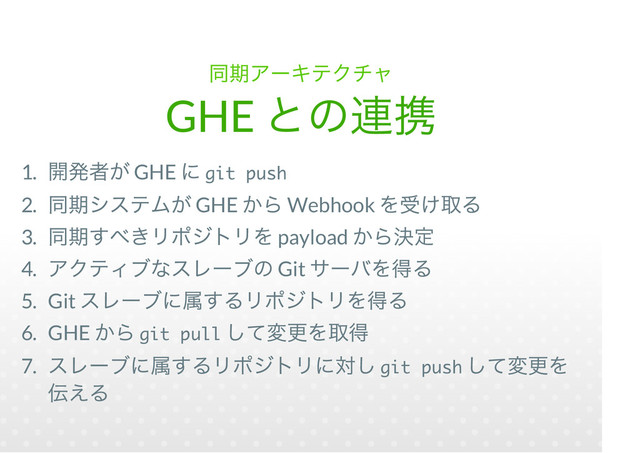 GHE
1. GHE git push
2. GHE Webhook
3. payload
4. Git
5. Git
6. GHE git pull
7. git push
