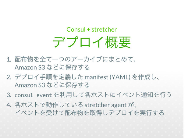 Consul + stretcher
1.
Amazon S3
2. manifest (YAML)
Amazon S3
3. consul event
4. stretcher agent
